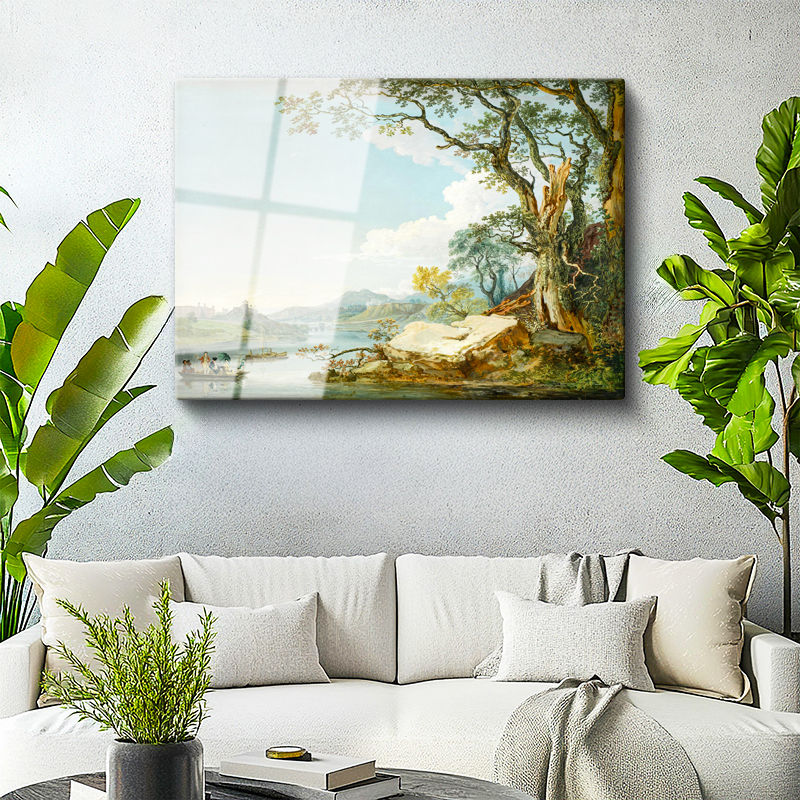 Tamperli Gerçek Cam Tablo Paul Sandby Windsor Kalesi Nehir Kenarı Piknik Ressam Tablosu Duvar Dekoru