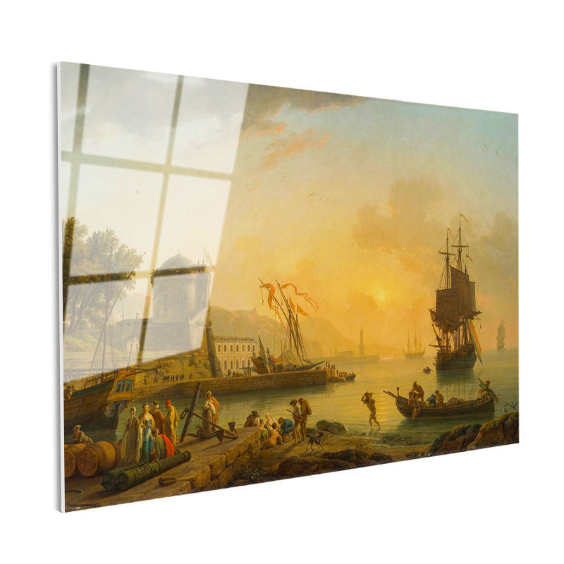 Tamperli Gerçek Cam Tablo C.J. Vernet Sakin Liman Manzarası Ressam Tablosu Duvar Dekoru