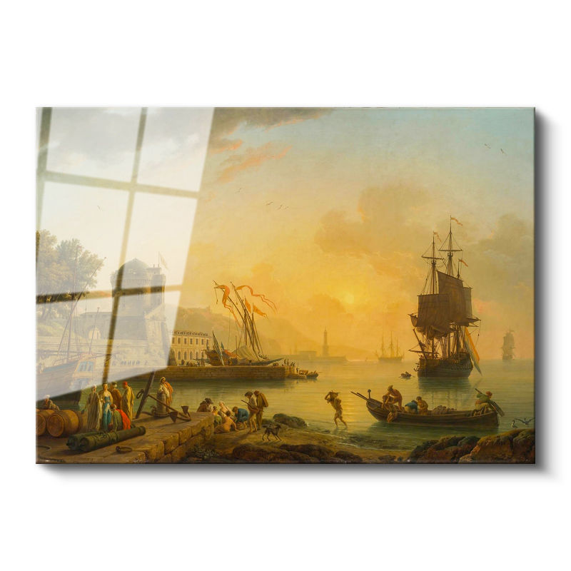 Tamperli Gerçek Cam Tablo C.J. Vernet Sakin Liman Manzarası Ressam Tablosu Duvar Dekoru