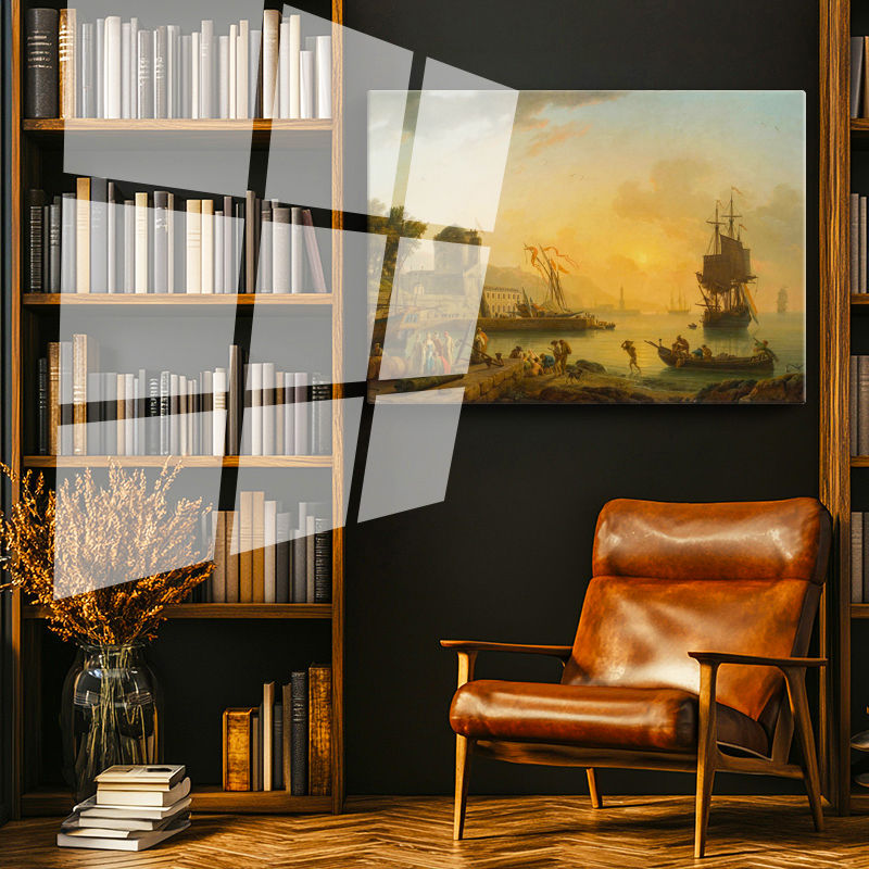 Tamperli Gerçek Cam Tablo C.J. Vernet Sakin Liman Manzarası Ressam Tablosu Duvar Dekoru