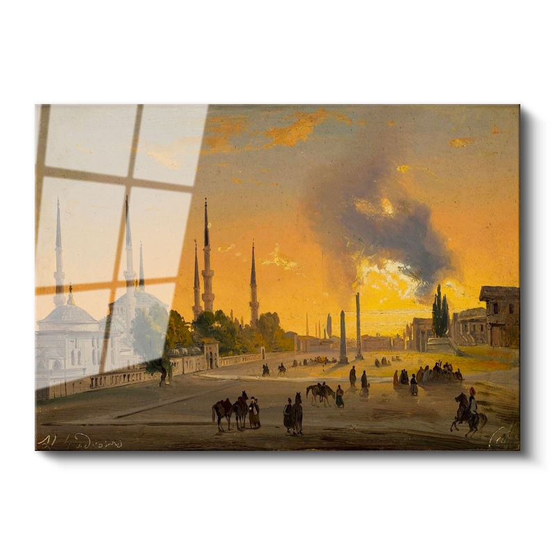Tamperli Gerçek Cam Tablo Ippolito Caffi Sultanahmet Meydanı Obelisk Minare Ressam Tablosu Dekoru