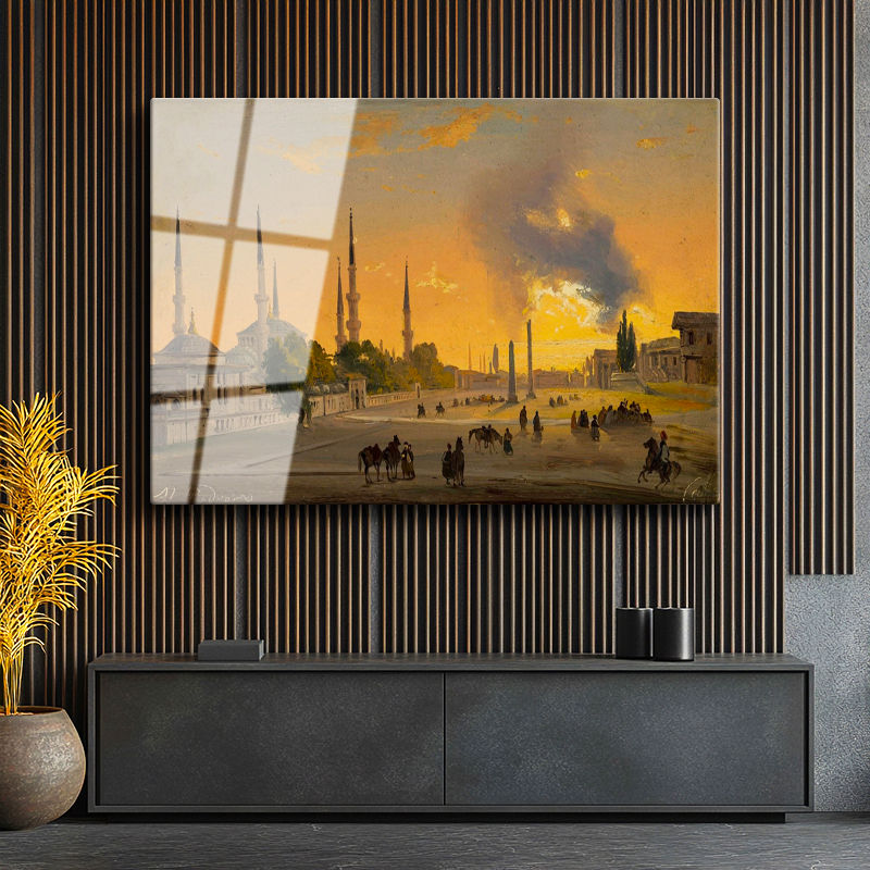 Tamperli Gerçek Cam Tablo Ippolito Caffi Sultanahmet Meydanı Obelisk Minare Ressam Tablosu Dekoru