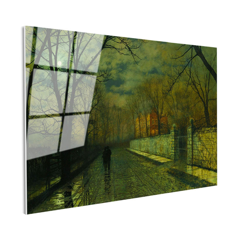 Tamperli Gerçek Cam Tablo J.A. Grimshaw Yağmurlu Yol Gece Mehtaplı Figürler Ressam Tablosu Dekoru