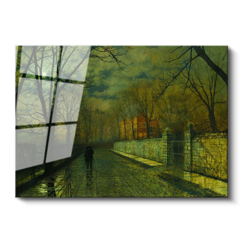 Tamperli Gerçek Cam Tablo J.A. Grimshaw Yağmurlu Yol Gece Mehtaplı Figürler Ressam Tablosu Dekoru