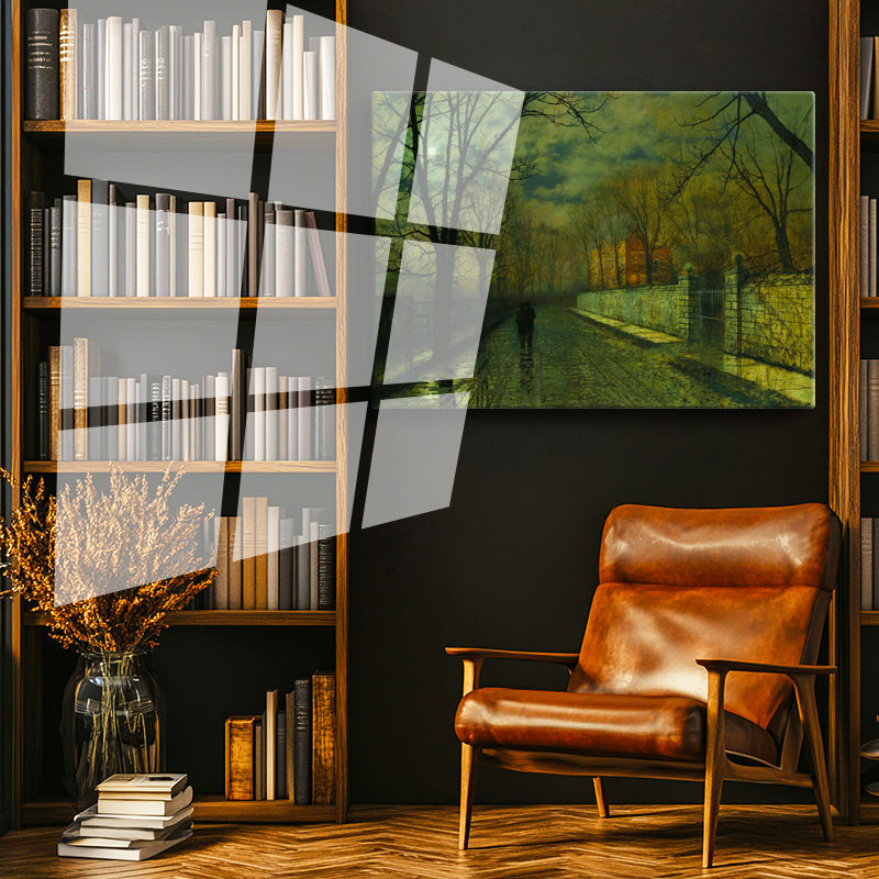 Tamperli Gerçek Cam Tablo J.A. Grimshaw Yağmurlu Yol Gece Mehtaplı Figürler Ressam Tablosu Dekoru