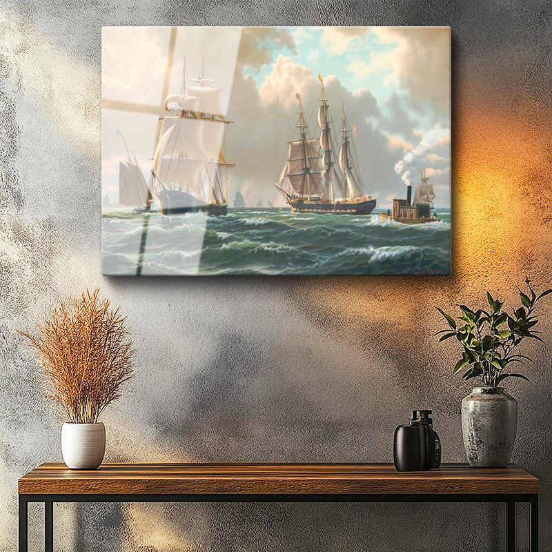 Tamperli Gerçek Cam Tablo John Stobart Denizde Yelkenliler Buharlı Ressam Tablosu Duvar Dekoru