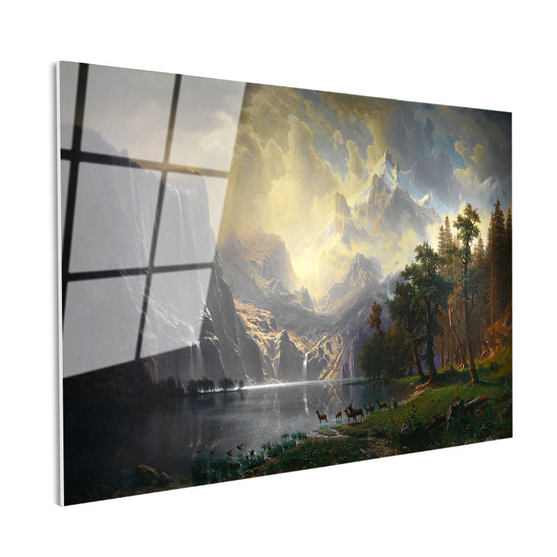 Tamperli Gerçek Cam Tablo Albert Bierstadt Yosemite Vadisi Şelale ve Göl Işık Ressam Tablosu Dekoru