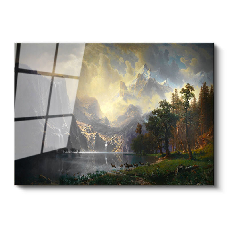 Tamperli Gerçek Cam Tablo Albert Bierstadt Yosemite Vadisi Şelale ve Göl Işık Ressam Tablosu Dekoru