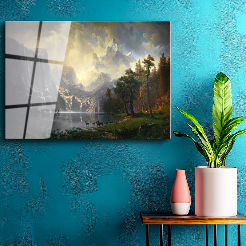 Tamperli Gerçek Cam Tablo Albert Bierstadt Yosemite Vadisi Şelale ve Göl Işık Ressam Tablosu Dekoru