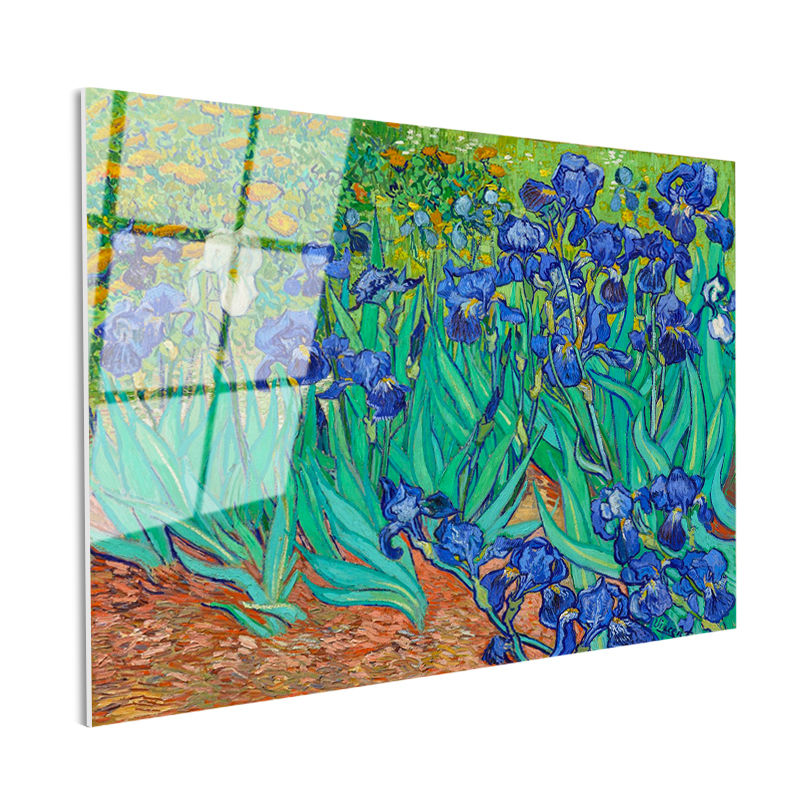 Tamperli Gerçek Cam Tablo Vincent van Gogh İris Çiçekleri Bahçe Mavi Ressam Tablosu Duvar Dekoru