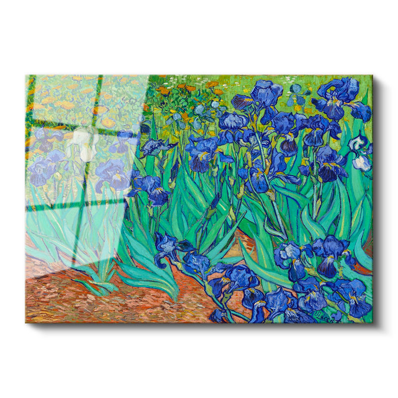 Tamperli Gerçek Cam Tablo Vincent van Gogh İris Çiçekleri Bahçe Mavi Ressam Tablosu Duvar Dekoru