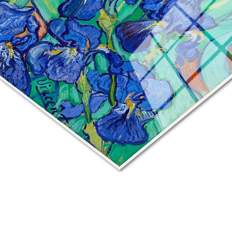 Tamperli Gerçek Cam Tablo Vincent van Gogh İris Çiçekleri Bahçe Mavi Ressam Tablosu Duvar Dekoru