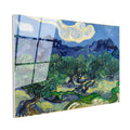 Tamperli Gerçek Cam Tablo Van Gogh Zeytin Ağaçları Mavi Dağlar Bulutlu Ressam Tablosu Duvar Dekoru