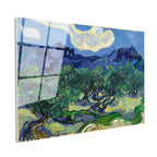 Tamperli Gerçek Cam Tablo Van Gogh Zeytin Ağaçları Mavi Dağlar Bulutlu Ressam Tablosu Duvar Dekoru