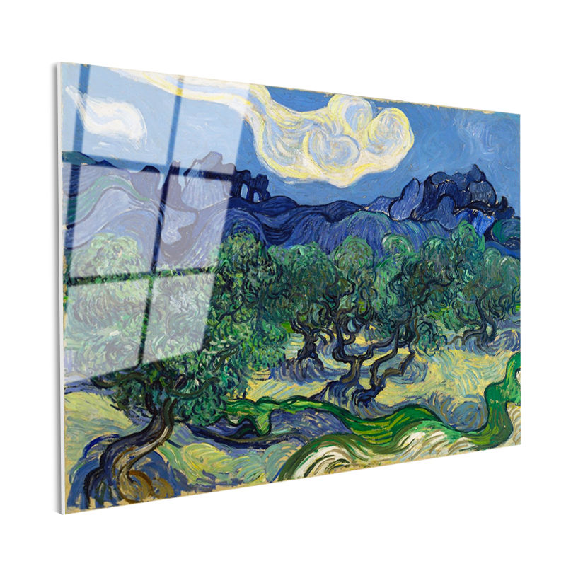 Tamperli Gerçek Cam Tablo Van Gogh Zeytin Ağaçları Mavi Dağlar Bulutlu Ressam Tablosu Duvar Dekoru
