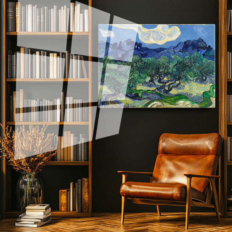 Tamperli Gerçek Cam Tablo Van Gogh Zeytin Ağaçları Mavi Dağlar Bulutlu Ressam Tablosu Duvar Dekoru