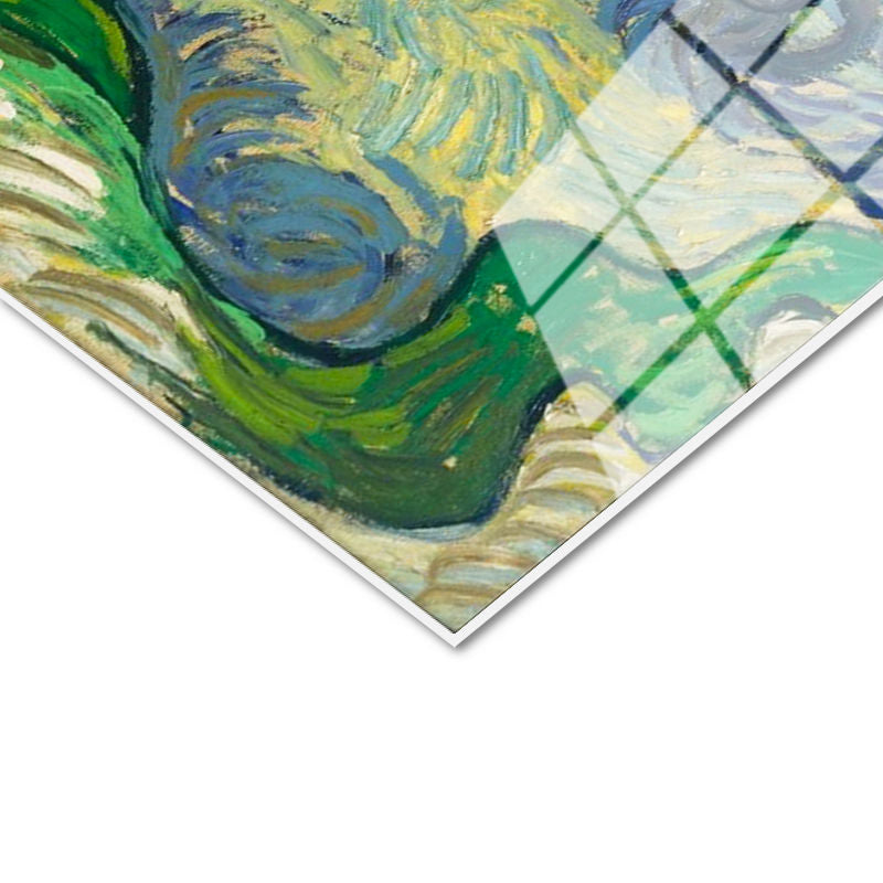 Tamperli Gerçek Cam Tablo Van Gogh Zeytin Ağaçları Mavi Dağlar Bulutlu Ressam Tablosu Duvar Dekoru