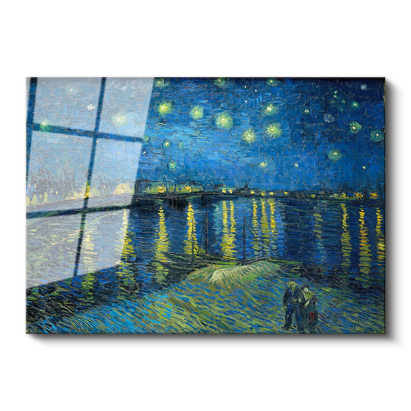 Tamperli Gerçek Cam Tablo Van Gogh Rhone Üzerinde Yıldızlı Gece Rıhtım Ressam Tablosu Duvar Dekoru