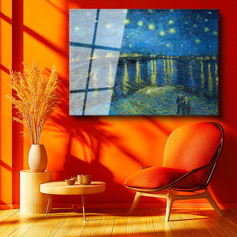 Tamperli Gerçek Cam Tablo Van Gogh Rhone Üzerinde Yıldızlı Gece Rıhtım Ressam Tablosu Duvar Dekoru