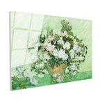 Tamperli Gerçek Cam Tablo Van Gogh Beyaz Güller Vazo Çiçekli Natürmort Ressam Tablosu Duvar Dekoru