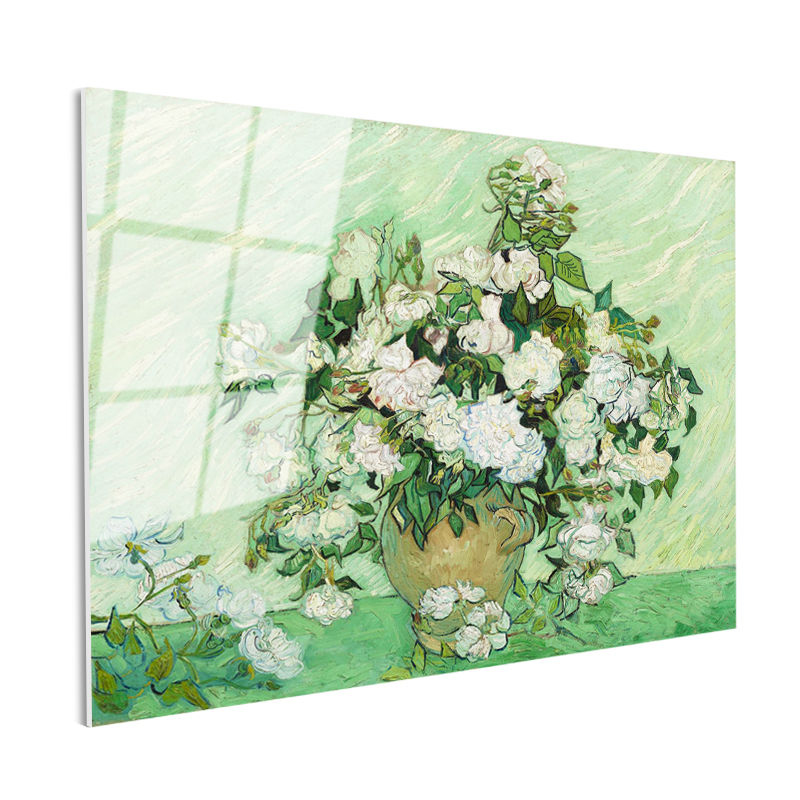 Tamperli Gerçek Cam Tablo Van Gogh Beyaz Güller Vazo Çiçekli Natürmort Ressam Tablosu Duvar Dekoru