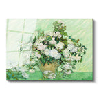 Tamperli Gerçek Cam Tablo Van Gogh Beyaz Güller Vazo Çiçekli Natürmort Ressam Tablosu Duvar Dekoru