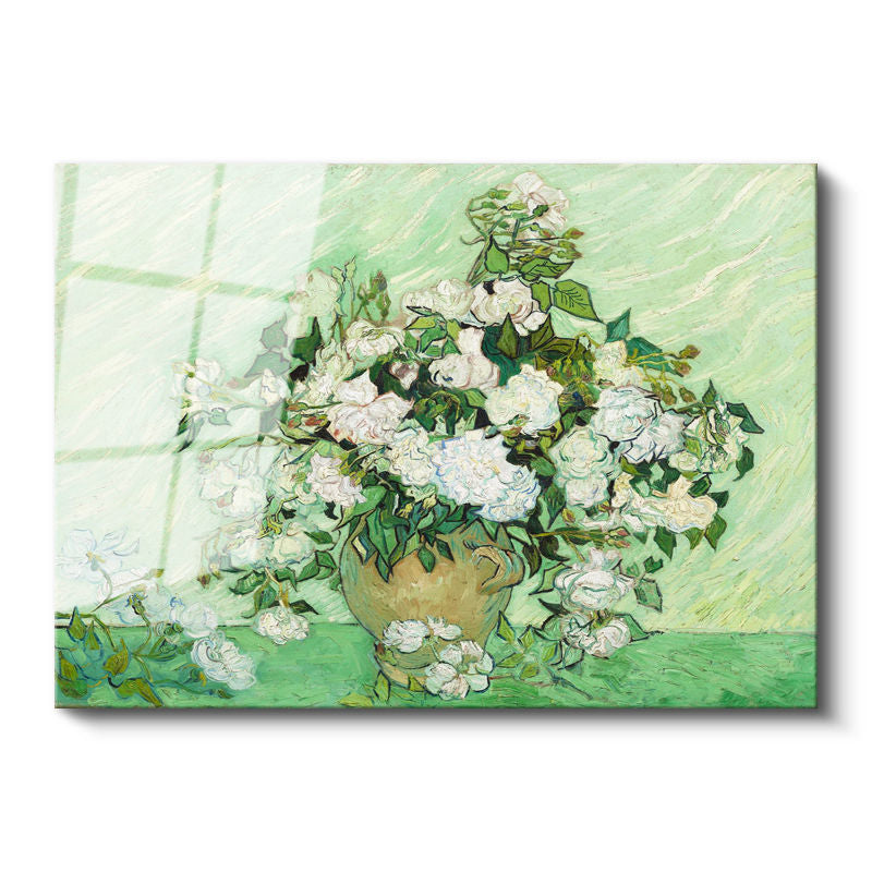Tamperli Gerçek Cam Tablo Van Gogh Beyaz Güller Vazo Çiçekli Natürmort Ressam Tablosu Duvar Dekoru