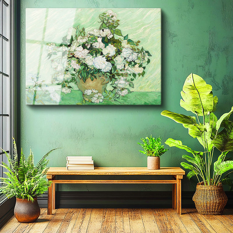 Tamperli Gerçek Cam Tablo Van Gogh Beyaz Güller Vazo Çiçekli Natürmort Ressam Tablosu Duvar Dekoru