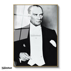 Altın Renk Metal Çerçeveli Tamperli Cam Tablo Atatürk Frak Giyim Atatürk Tablosu Duvar Dekoru