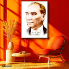 Altın Renk Metal Çerçeveli Tamperli Cam Tablo Atatürk Papyonlu Çizim Atatürk Tablosu Duvar Dekoru
