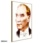 Altın Renk Metal Çerçeveli Tamperli Cam Tablo Atatürk Papyonlu Çizim Atatürk Tablosu Duvar Dekoru