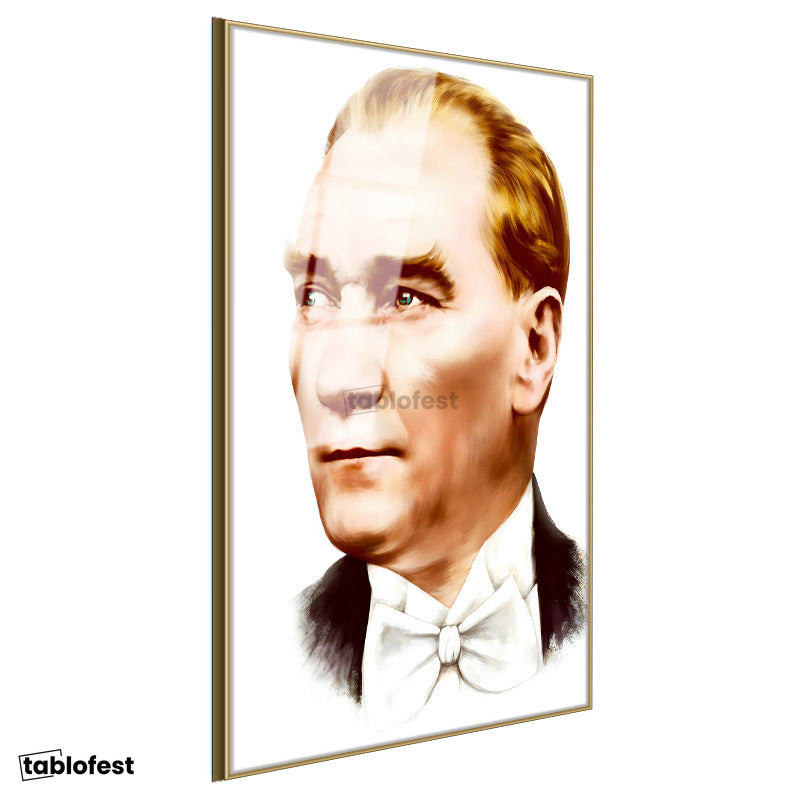 Altın Renk Metal Çerçeveli Tamperli Cam Tablo Atatürk Papyonlu Çizim Atatürk Tablosu Duvar Dekoru
