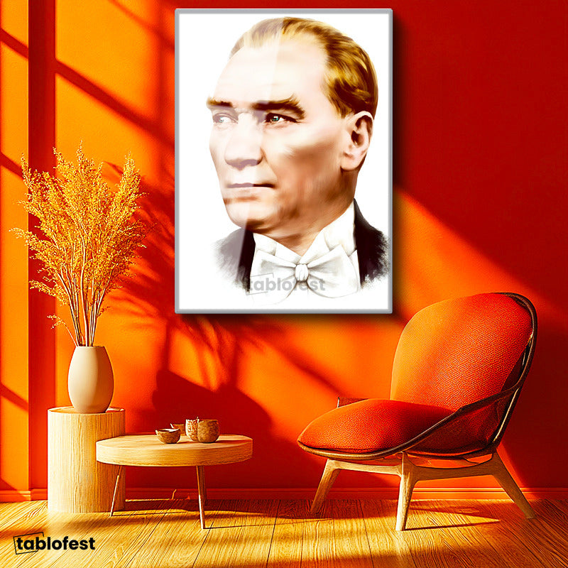 Gümüş Renk Metal Çerçeveli Tamperli Cam Tablo Atatürk Papyonlu Çizim Atatürk Tablosu Duvar Dekoru