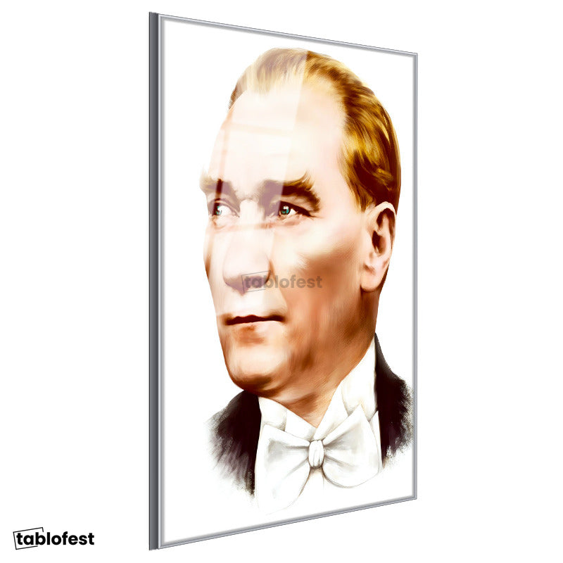 Gümüş Renk Metal Çerçeveli Tamperli Cam Tablo Atatürk Papyonlu Çizim Atatürk Tablosu Duvar Dekoru