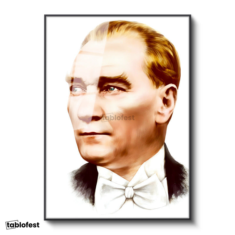 Siyah Renk Metal Çerçeveli Tamperli Cam Tablo Atatürk Papyonlu Çizim Atatürk Tablosu Duvar Dekoru