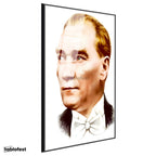 Siyah Renk Metal Çerçeveli Tamperli Cam Tablo Atatürk Papyonlu Çizim Atatürk Tablosu Duvar Dekoru