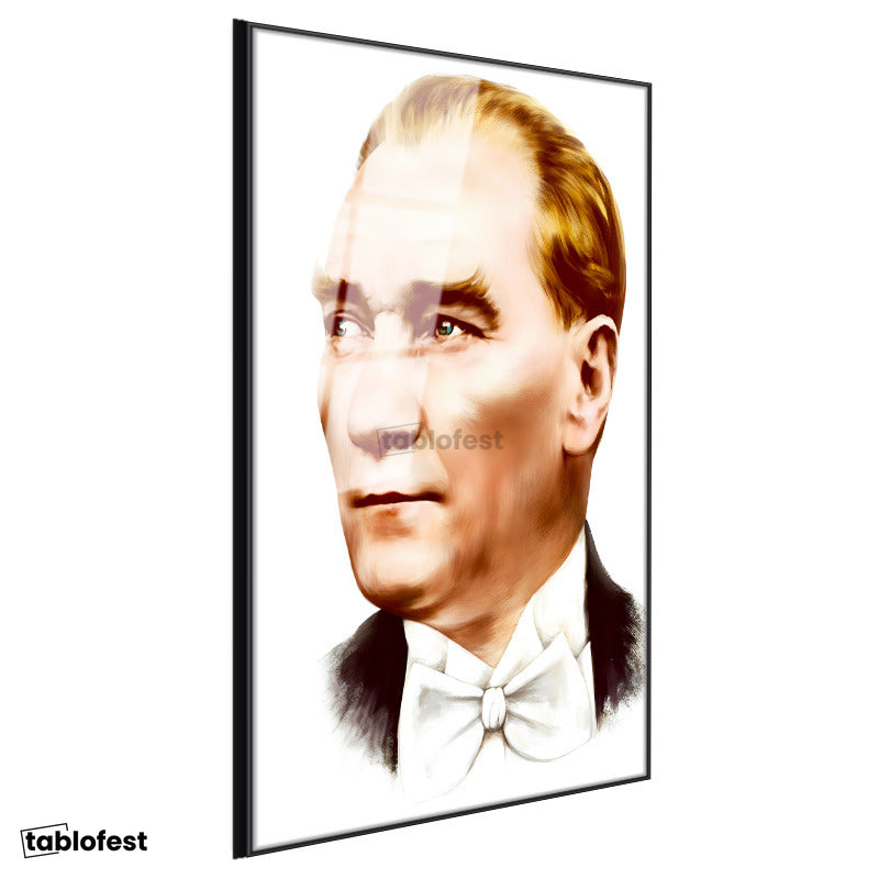 Siyah Renk Metal Çerçeveli Tamperli Cam Tablo Atatürk Papyonlu Çizim Atatürk Tablosu Duvar Dekoru