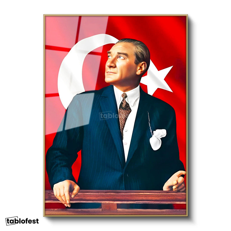 Altın Renk Metal Çerçeveli Tamperli Cam Tablo Atatürk Ufka Bakış Atatürk Tablosu Duvar Dekoru