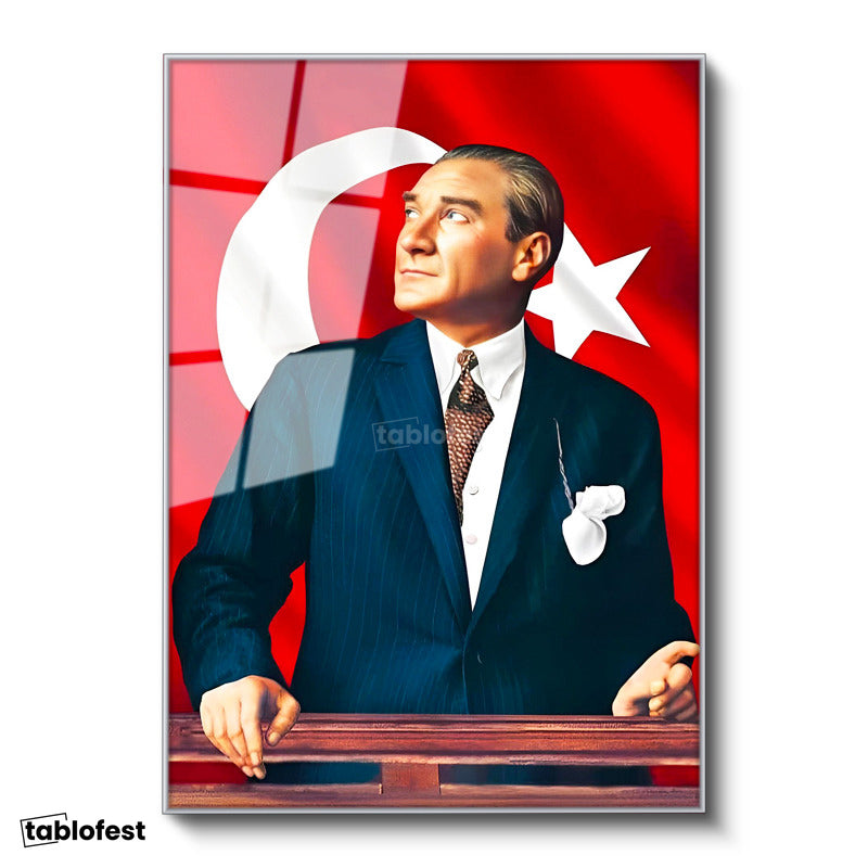 Gümüş Renk Metal Çerçeveli Tamperli Cam Tablo Atatürk Ufka Bakış Atatürk Tablosu Duvar Dekoru