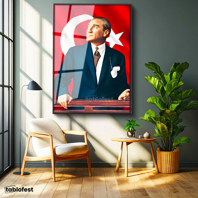 Siyah Renk Metal Çerçeveli Tamperli Cam Tablo Atatürk Ufka Bakış Atatürk Tablosu Duvar Dekoru