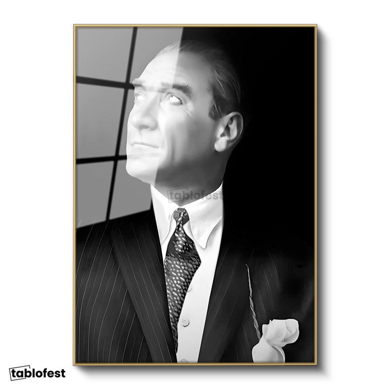 Altın Renk Metal Çerçeveli Tamperli Cam Tablo Atatürk Desenli Kravat Atatürk Tablosu Duvar Dekoru