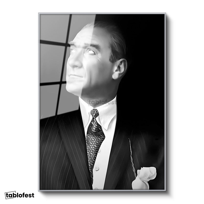 Gümüş Renk Metal Çerçeveli Tamperli Cam Tablo Atatürk Desenli Kravat Atatürk Tablosu Duvar Dekoru