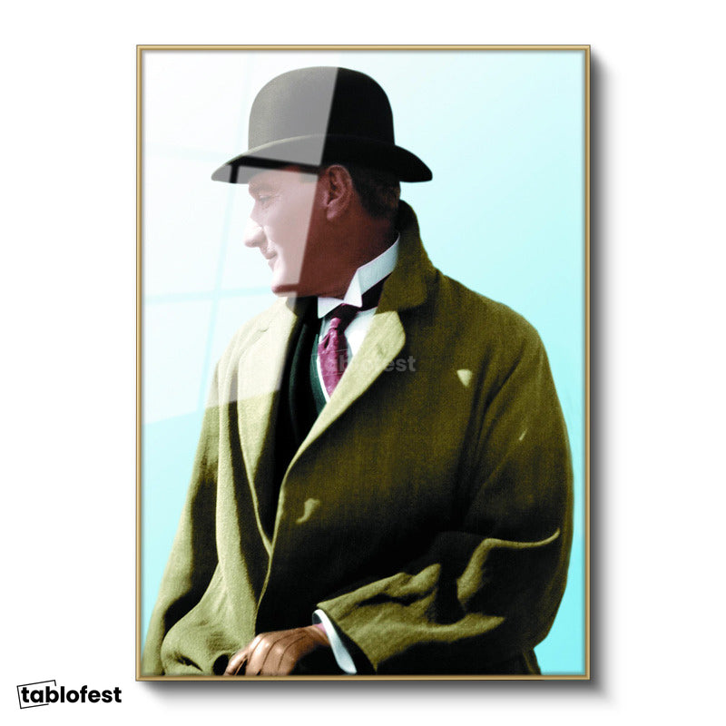 Altın Renk Metal Çerçeveli Tamperli Cam Tablo Atatürk Eldivenli Melon Şapka Atatürk Tablosu Duvar Dekoru