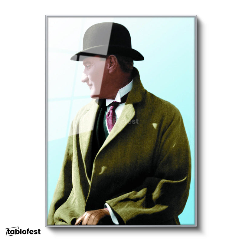 Gümüş Renk Metal Çerçeveli Tamperli Cam Tablo Atatürk Eldivenli Melon Şapka Atatürk Tablosu Duvar Dekoru