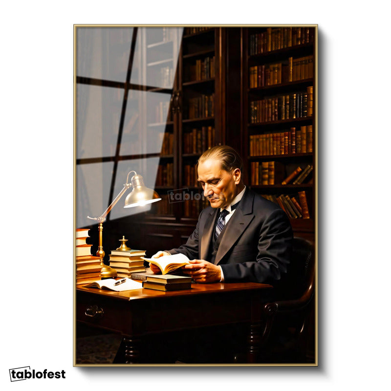 Altın Renk Metal Çerçeveli Tamperli Cam Tablo Atatürk Kütüphane Kitap Okuma Atatürk Tablosu Duvar Dekoru
