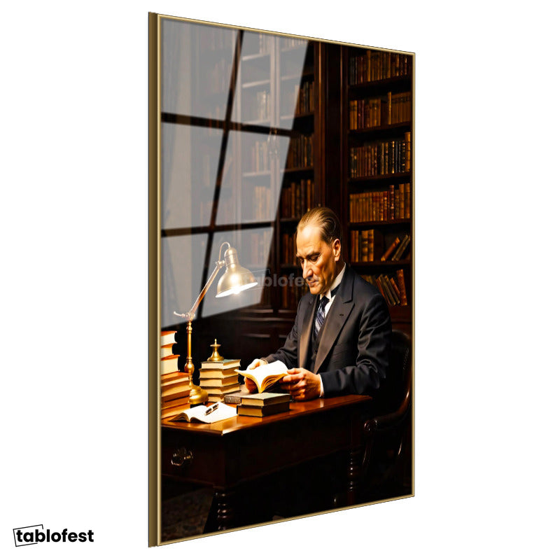 Altın Renk Metal Çerçeveli Tamperli Cam Tablo Atatürk Kütüphane Kitap Okuma Atatürk Tablosu Duvar Dekoru
