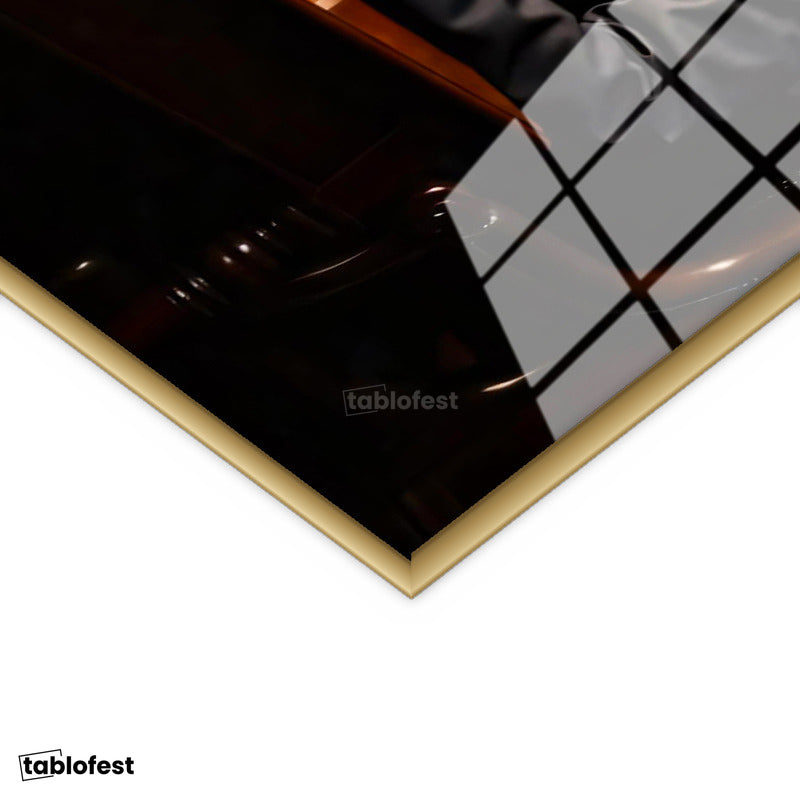 Altın Renk Metal Çerçeveli Tamperli Cam Tablo Atatürk Kütüphane Kitap Okuma Atatürk Tablosu Duvar Dekoru