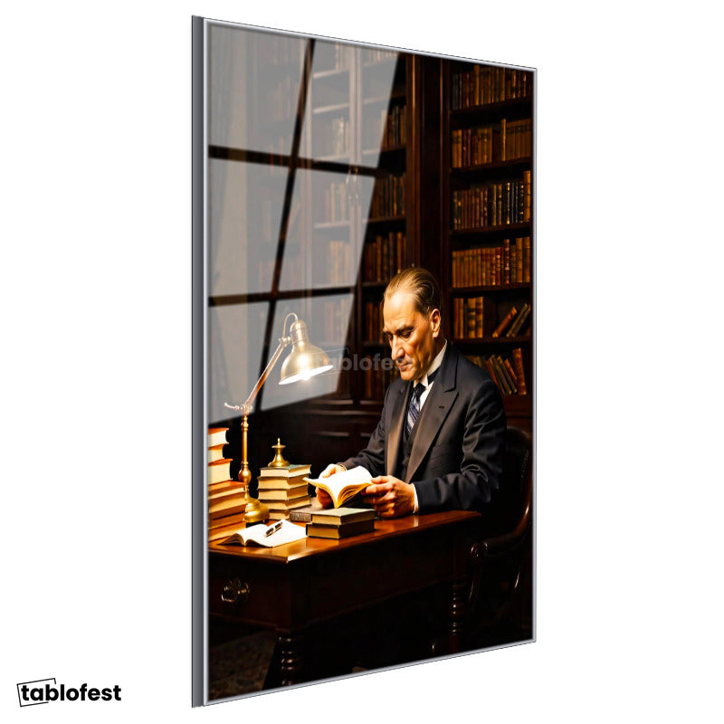 Gümüş Renk Metal Çerçeveli Tamperli Cam Tablo Atatürk Kütüphane Kitap Okuma Atatürk Tablosu Duvar Dekoru