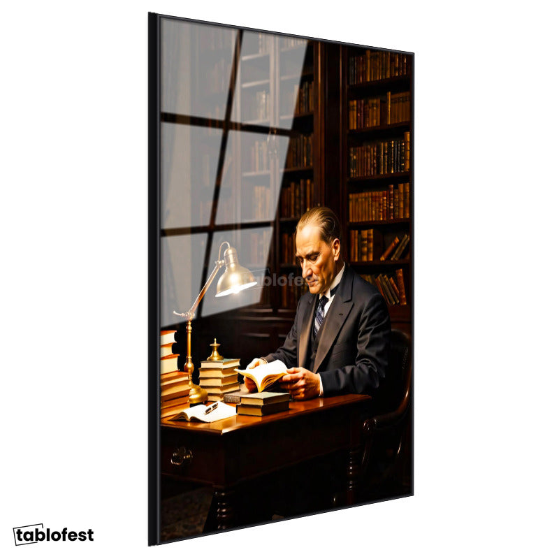 Siyah Renk Metal Çerçeveli Tamperli Cam Tablo Atatürk Kütüphane Kitap Okuma Atatürk Tablosu Duvar Dekoru