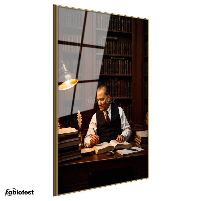 Altın Renk Metal Çerçeveli Tamperli Cam Tablo Atatürk Makam Çalışma Masası Atatürk Tablosu Duvar Dekoru